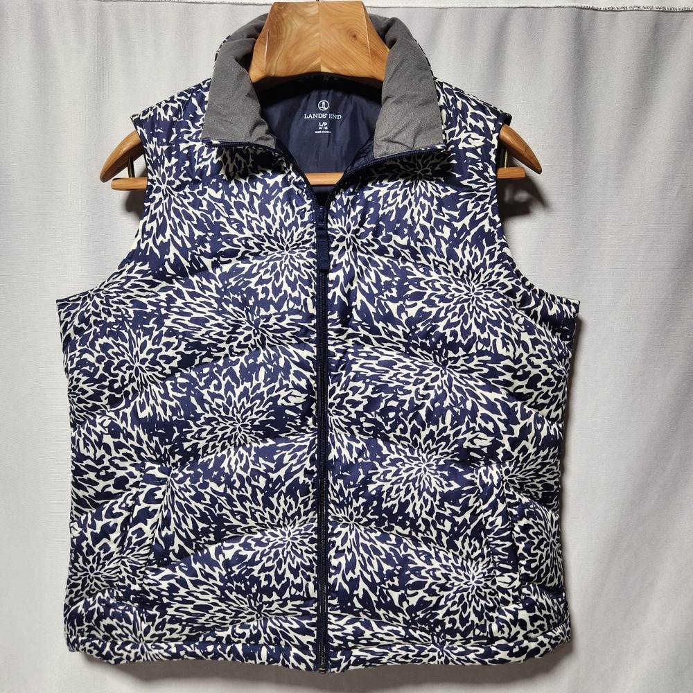 LANDS' END navy Blue/White Floral Down Puffer Vest Insulated full-zip L (14-16)‎
